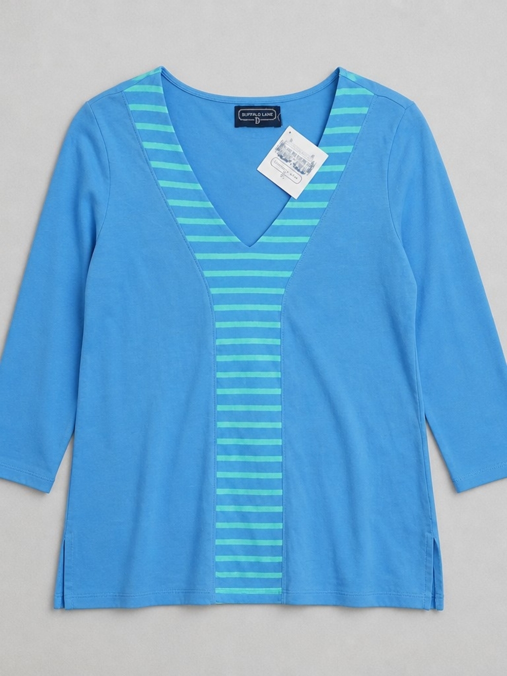 Duffield Lane. Blue V-Neck Striped Inset Top